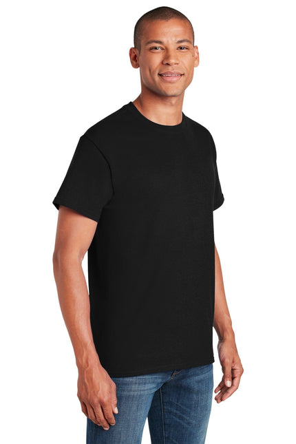 Black Gildan heavy cotton 100% cotton T-shirt, front view showing short sleeves and classic crew neckline.