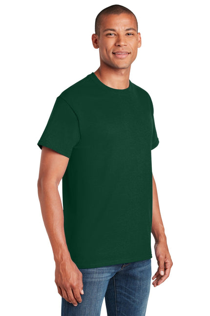 Gildan Heavy Cotton 100% Cotton T-Shirt in forest green, casual fit, front view showing soft fabric and classic crew neck style.
