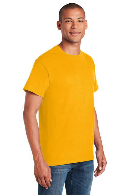 Gildan Heavy Cotton 100% Cotton T-Shirt in gold, showcasing the soft fabric and classic crew neck design.