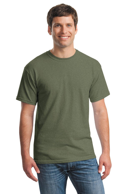 Gildan Heavy Cotton 100% Cotton T-Shirt in Heather Military Green, front view showing the soft, comfortable fabric and classic fit.