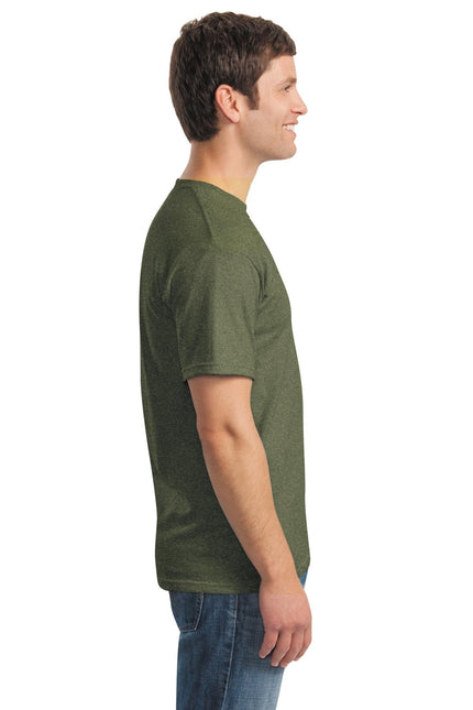 Gildan Heavy Cotton 100% Cotton T-Shirt in Heather Military Green, casual fit, soft fabric, front view showing neckline and sleeves.