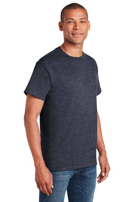Gildan Heavy Cotton 100% cotton T-shirt in Heather Navy, casual short-sleeve shirt, front view on a plain background.
