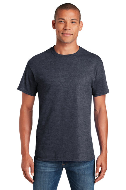 Gildan Heavy Cotton 100% Cotton T-Shirt in Heather Navy, front view showing crew neck and short sleeves.