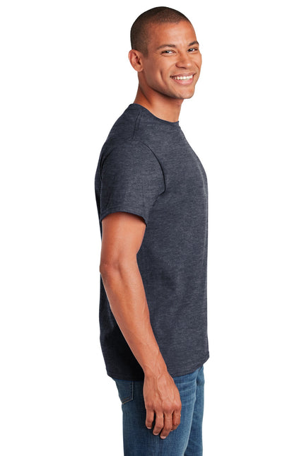 Gildan Heavy Cotton 100% cotton T-shirt in Heather Navy, showcasing a classic crew neck and comfortable fit.