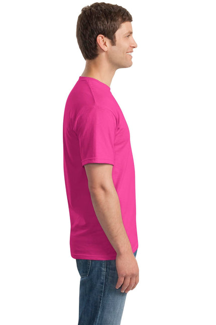 Gildan Heavy Cotton 100% Cotton T-Shirt in Heliconia color, front view showing vibrant pinkish-orange fabric.