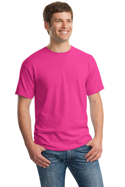 Gildan Heavy Cotton 100% Cotton T-Shirt in Heliconia color, casual fit, front view showing vibrant pinkish-orange hue
