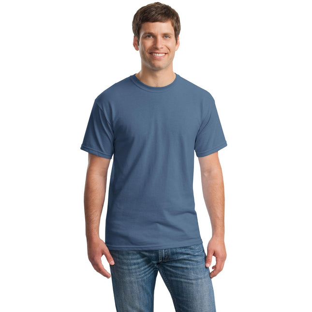 Gildan Heavy Cotton 100% Cotton T-Shirt in Indigo Blue, front view showing classic crew neckline and soft fabric texture.