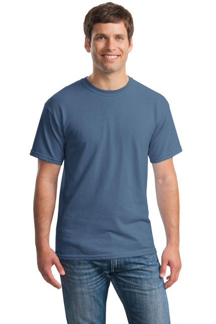 Gildan Heavy Cotton 100% Cotton T-Shirt in Indigo Blue, front view showing classic crew neckline and soft fabric texture.