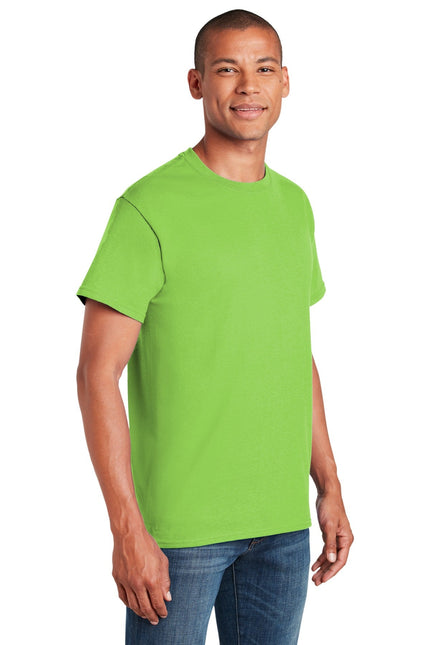 Gildan Heavy Cotton 100% Cotton T-Shirt in lime color, casual fit, with round neckline and short sleeves.