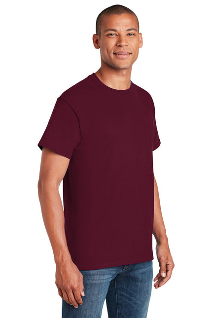 Gildan Heavy Cotton 100% Cotton T-Shirt in maroon, casual fit, soft fabric, front view showing classic crew neckline.