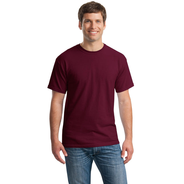 Gildan Heavy Cotton 100% cotton T-shirt in maroon color, casual fit, short sleeves, and crew neck style.