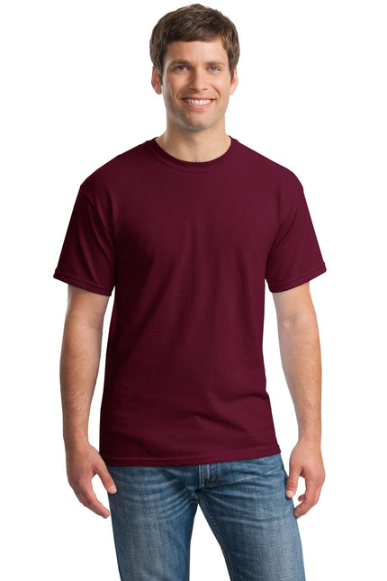 Gildan Heavy Cotton 100% cotton T-shirt in maroon color, casual fit, short sleeves, and crew neck style.