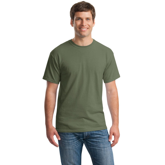Gildan Heavy Cotton 100% Cotton T-Shirt in military green, casual fit, front view showing soft fabric and classic style.