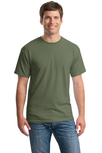 Gildan Heavy Cotton 100% Cotton T-Shirt in military green, casual fit, front view showing soft fabric and classic style.