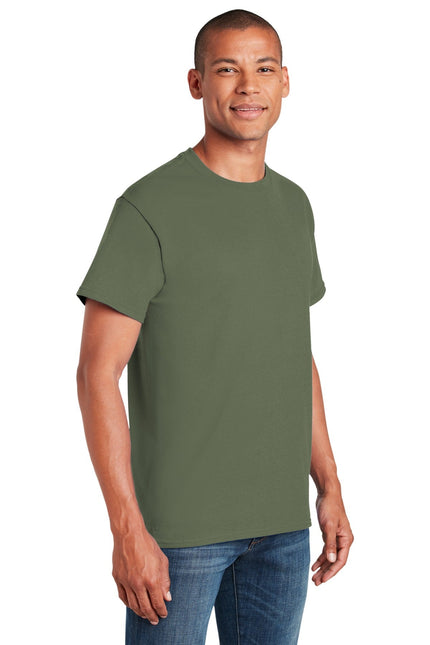 Gildan Heavy Cotton 100% Cotton T-Shirt in military green front view, casual style, soft fabric, and crew neckline.