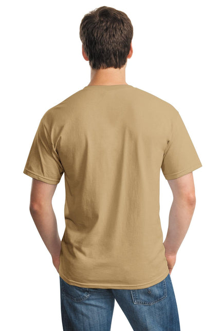Gildan Heavy Cotton 100% Cotton T-Shirt in Old Gold color, front view showing classic crew neck and short sleeves.