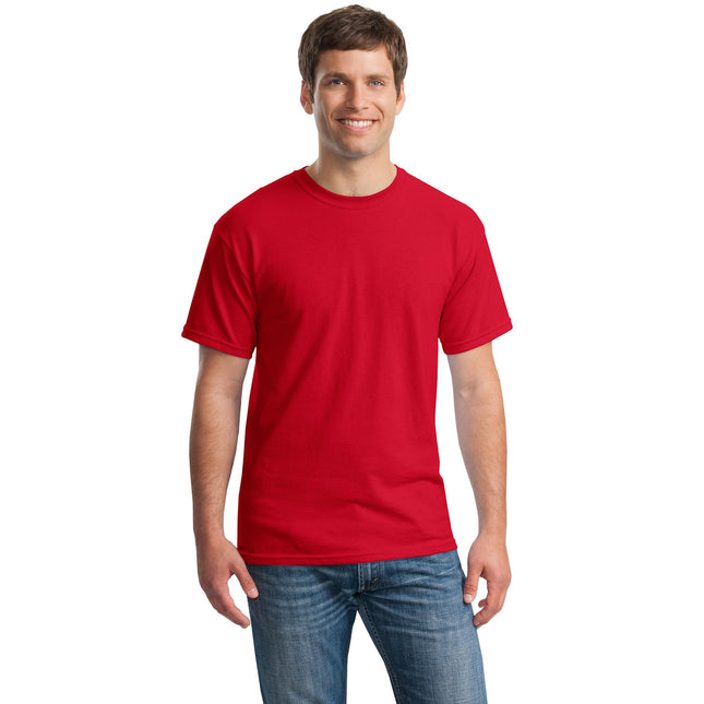 Red Gildan Heavy Cotton 100% Cotton T-Shirt displayed flat with short sleeves and crew neckline.