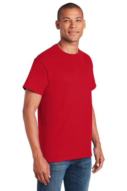 Red Gildan Heavy Cotton 100% Cotton T-Shirt, front view, plain and comfortable casual shirt for everyday wear.