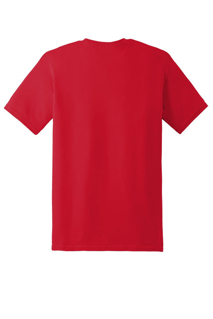 Red Gildan Heavy Cotton 100% Cotton T-Shirt laid flat, showcasing its classic fit and vibrant color.