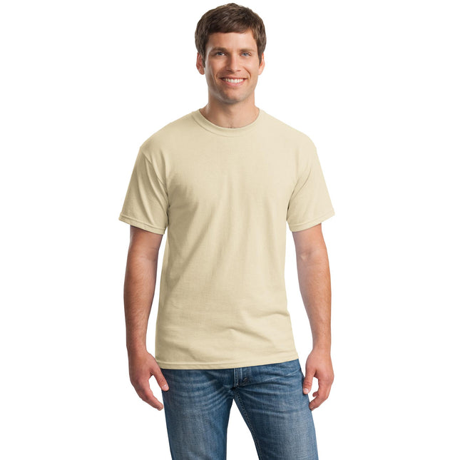Gildan Heavy Cotton 100% Cotton T-Shirt in Sand color, front view showing soft fabric and classic fit.