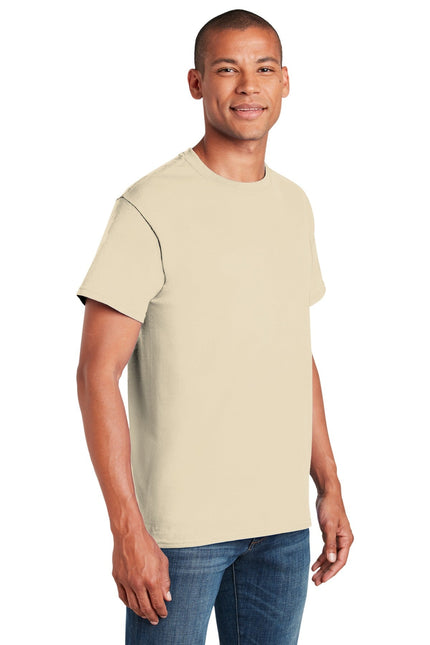 Gildan Heavy Cotton 100% Cotton T-Shirt in Sand color, front view showing soft fabric and classic fit.