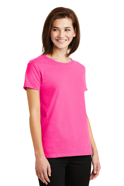 Gildan Ladies Ultra Cotton 100% US Cotton T-Shirt in Safety Pink, casual women's t-shirt with short sleeves and crew neck.