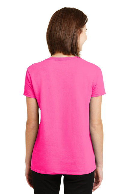 Gildan Ladies Ultra Cotton 100% US Cotton T-Shirt in Safety Pink, soft fabric, fitted style, front view.