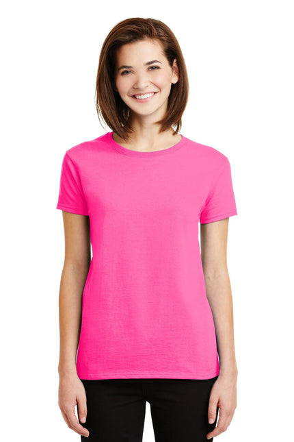 Gildan Ladies Ultra Cotton 100% US Cotton T-Shirt in Safety Pink, soft fabric with a classic fit and short sleeves.