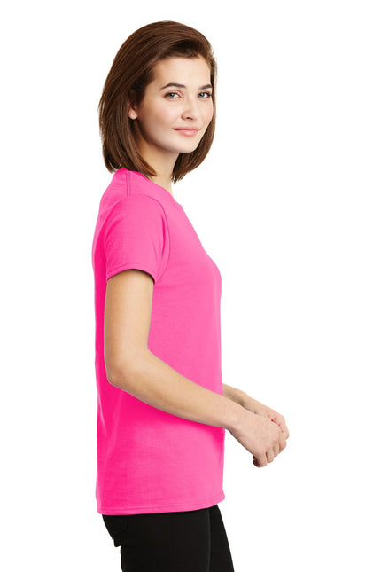 Gildan Ladies Ultra Cotton 100% US Cotton T-Shirt in Safety Pink, casual fit, soft fabric, front view.