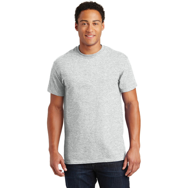 Gildan Ultra Cotton 100% US Cotton T-Shirt in ash color, front view showing classic crew neck and soft fabric texture.