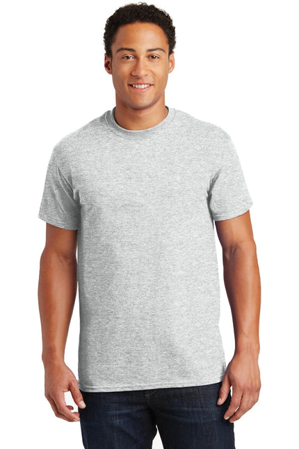 Gildan Ultra Cotton 100% US Cotton T-Shirt in ash color, front view showing classic crew neck and soft fabric texture.