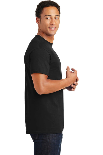 Black Gildan Ultra Cotton 100% US Cotton T-shirt, front view, soft fabric, casual fit, short sleeves.