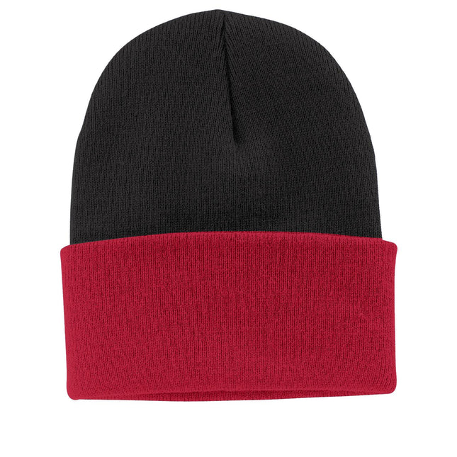 Port & Company Knit Cap. CP90 - Black/ Athletic Red - Union Prints