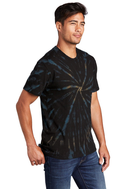 Port & Company black tie-dye T-shirt with galaxy spiral pattern, casual unisex tee, black and vibrant design.