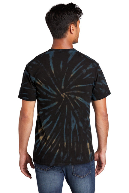 Port & Company black galaxy spiral tie-dye tee, casual short-sleeve shirt with vibrant spiral pattern and black base color.