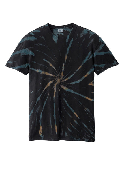 Port & Company tie-dye T-shirt in black galaxy spiral design, casual unisex tee with vibrant tie-dye pattern.