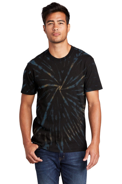 Port & Company black galaxy spiral tie-dye tee, casual black and colorful spiral pattern shirt for everyday wear.