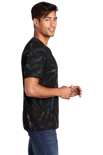 Port & Company black galaxy spiral tie-dye T-shirt with swirling black and gray pattern on soft fabric.