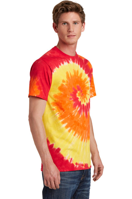 Colorful Port & Company Tie-Dye Tee PC147 Blaze Rainbow featuring vibrant rainbow tie-dye pattern on soft cotton fabric.