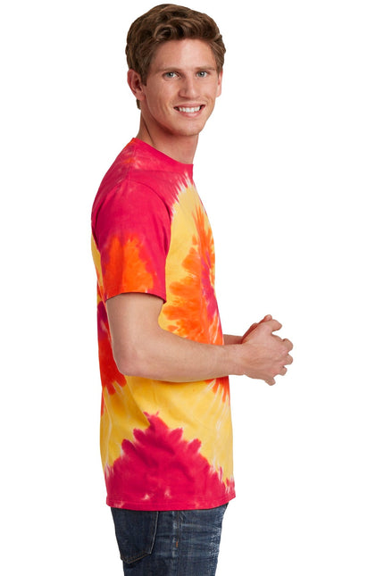Port & Company Blaze Rainbow Tie-Dye Tee, colorful cotton T-shirt with vibrant rainbow tie-dye pattern.