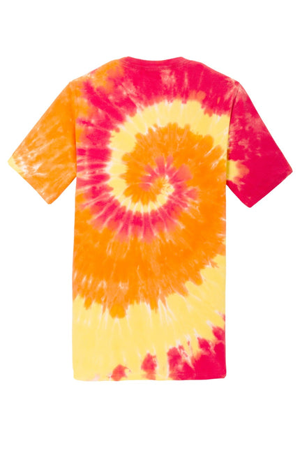 Port & Company Blaze Rainbow Tie-Dye Tee, colorful cotton T-shirt with vibrant rainbow tie-dye pattern.