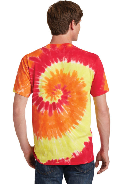 Port & Company Blaze Rainbow Tie-Dye Tee, colorful crewneck shirt with vibrant rainbow tie-dye pattern.
