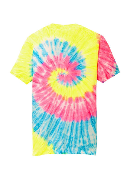Port & Company Neon Rainbow Tie-Dye Tee, colorful casual T-shirt with vibrant rainbow pattern and soft fabric.