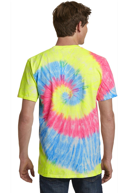 Port & Company neon rainbow tie-dye tee, casual shirt with vibrant multicolor pattern and soft fabric, front view.