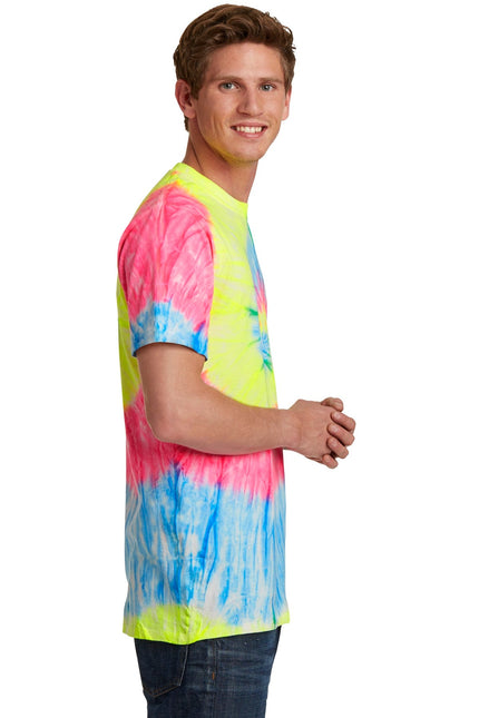 Port & Company Neon Rainbow Tie-Dye Tee, vibrant colorful design, casual unisex t-shirt with tie-dye pattern.