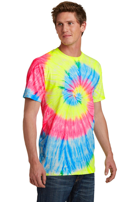 Port & Company neon rainbow tie-dye T-shirt featuring vibrant, colorful patterns on soft fabric.