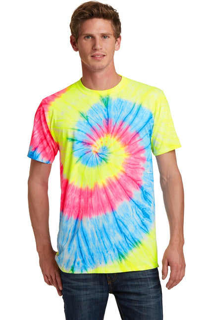 Port & Company tie-dye neon rainbow T-shirt with vibrant, colorful swirl pattern and casual fit.