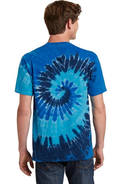 Port & Company tie-dye T-shirt in ocean rainbow colors, featuring vibrant, swirling dye pattern on soft cotton fabric.