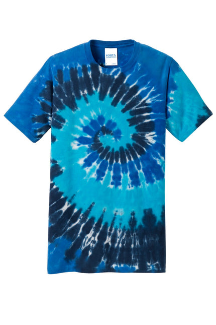Port & Company tie-dye T-shirt in Ocean Rainbow with vibrant, colorful swirl pattern on soft cotton fabric.
