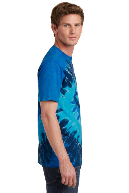 Port & Company Tie-Dye Tee in Ocean Rainbow with vibrant, colorful tie-dye pattern on soft cotton fabric.